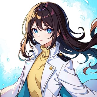 (masterpiece), high quality, 8 year old girl, solo, anime style, long hair, dark brown hair, peaceful look, only white clothes, plain white coat, plain white turtleneck trench coat, plain white pants,  blue eyes,  glowing eyes, yellow aura