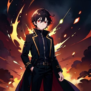 (masterpiece), high quality, 10 year old boy, solo, anime style, short hair, dark brown hair,  serious look, black coat, high-neck trench coat, black pants, red eyes, glowing eyes, red aura.