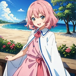 (masterpiece), high quality, 10 year old girl, solo, anime style, medium hair, pink hair, happy look, white blouse, pink cape, pink skirt, blue eyes, pink aura