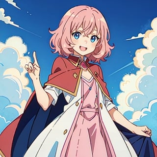 (masterpiece), high quality, 10 year old girl, solo, anime style, medium hair, pink hair, happy look, white blouse, pink cape, pink skirt, blue eyes, pink aura