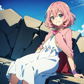 (masterpiece), high quality, 10 year old girl, solo, anime style, medium hair, pink hair, happy look, white dress, pink cape, blue eyes, pink aura