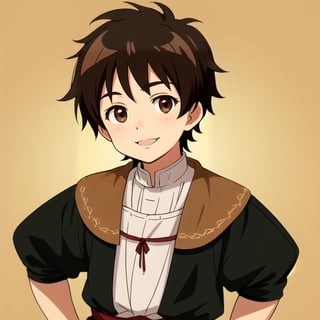 Little boy, dark brown hair, dark brown eyes, smiling slightly, medieval clothing, anime style.