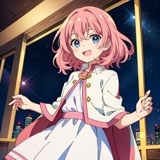 (masterpiece), high quality, 10 year old girl, solo, anime style, medium hair without cap, pink hair, happy look, white dress without details, pink cape, blue eyes, pink aura