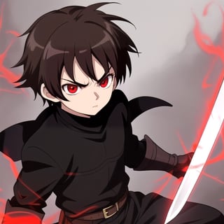 Little boy, dark brown hair, red eyes, serious look, wearing a medieval dark knight costume, a sword, anime style, with a red aura surrounding the character.