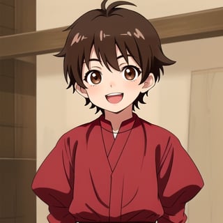 Little boy, dark brown hair, dark brown eyes, happy, medieval clothes, anime style.