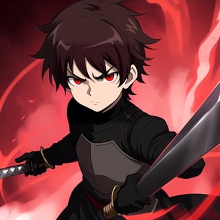 Little boy, dark brown hair, red eyes, serious look, wearing a medieval dark knight costume, a sword, anime style, with a red aura surrounding the character.