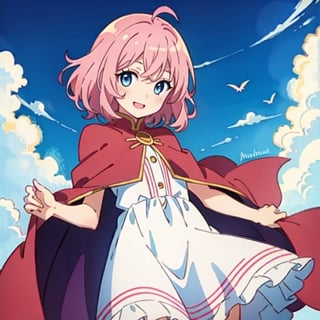 (masterpiece), high quality, 10 year old girl, solo, anime style, medium hair without cap, pink hair, happy look, white dress without details, pink cape, blue eyes, pink aura.