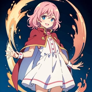 (masterpiece), high quality, 10 year old girl, solo, anime style, medium hair without cap, pink hair, happy look, white dress without details, pink cape, blue eyes, pink aura