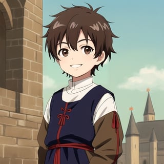 Little boy, dark brown hair, dark brown eyes, smiling slightly, medieval clothing, anime style.