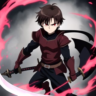 Little boy, dark brown hair, red eyes, serious look, wearing a medieval dark knight costume, a sword, anime style, with a red aura surrounding the character.