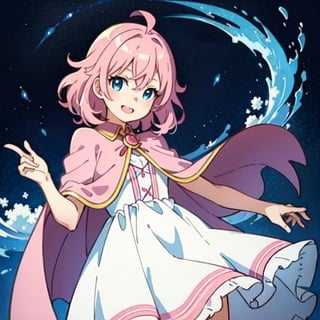 (masterpiece), high quality, 10 year old girl, solo, anime style, medium hair without cap, pink hair, happy look, white dress without details, pink cape, blue eyes, pink aura.