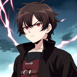 Little boy, dark brown hair, red eyes, serious look, wearing a medieval dark knight costume, anime style, with a red aura surrounding the character.