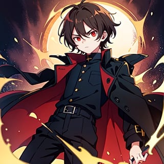 (masterpiece), high quality, 10 year old boy, solo, anime style, short hair, dark brown hair,  serious look, black coat, high-neck trench coat, black pants, red eyes, glowing eyes, red aura.