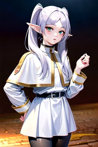 (Solo), Frieren, twintails, white_hair, green eyes, chubby cheeks, elf_ears, pale_skin, flat chest,
BREAK striped shirt, white capelet, white skirt, (black pantyhose), 
BREAK cowboy shot, full_body, facing_viewer, closed mouth,
BREAK forest,
BREAK hype detailed, detailed eyes, detailed face, detailed clothes, perfect anatomy, high resolution, 