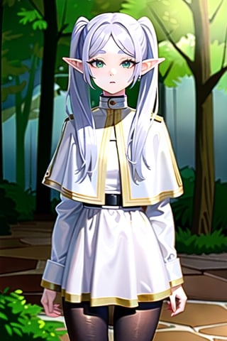 1girl, Frieren, twintails, white_hair, green eyes, chubby cheeks, elf_ears, pale_skin,
BREAK striped shirt, white capelet, white skirt, black pantyhose, 
BREAK cowboy shot, full_body, facing_viewer,
BREAK forest,
BREAK hype detailed, detailed eyes, detailed face, detailed clothes, perfect anatomy, high resolution, 