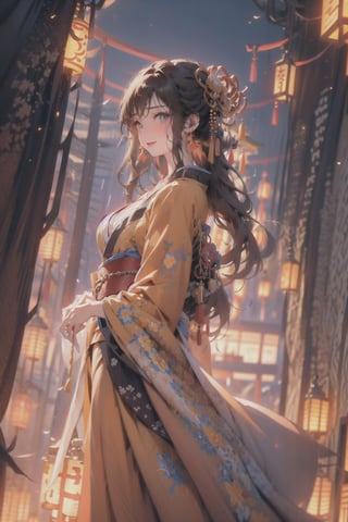 1 girl, colourful kimono, lantern pathway, torii, starry sky, from below, yellow obi, floral kimono, bright clothes, glowing lanterns, jewelery, modest cleavage, happy expression, brown hair, glowing flowers in hair, faint rain, glittering raindrops