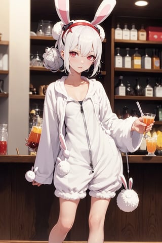 1 girl, solo, long bangs, detailed eyes, bar background, blushing, soft expression, standing, blushing, clear eyes, bright eyes, detailed eyes, perfect light,hime style, aalaffey, high heels, disco flooring, spoltlight,animal ears, bunny outfit, blue bunnysuit, loose buns, small breasts, perfect anatomy, holding a drink, bar, twin buns, fluffy hair, perfect hands, (onesie), bunny tail, sexy