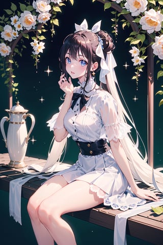 masterpiece, best quality, 1 girl, flowers, floral background, nature, pose, perfect hands, modern outfit, detailed, sparkling, sitting, lace detail, long hair, ultra detailed, ultra detailed face, clear eyes, good lighting,, perfect anatomy, stylish white outfit, different hairstyles, hair ribbons