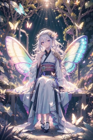 1 girl, solo, long white hair, shiny purple eyes, detailed eyes, silk hanfu, white robe hanfu, purple glittering butterflies, ancient flower garden, sitting, high quality, ancient chinese hanfu, very detailed, vibrant butterfies , ,iridescent clothing, butterfly hairpiece ,perfect light, surrounded by tall grass, lovely ,coloured glaze, rabbit, ((rabbit)), barefeet, 30 year old woman, mature woman, (small rabbit, head shot, ((glowing butterflies)), perfect anatomy, butterfly wings