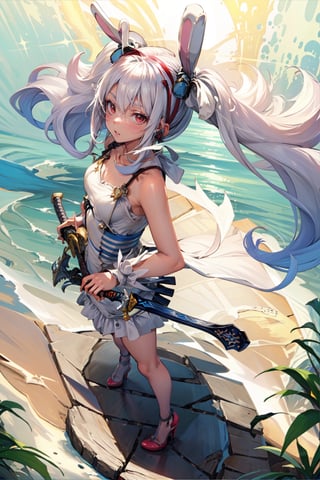 1 girl, solo, long hair, detailed eyes, blushing, soft expression, standing, blushing, clear eyes, bright eyes, detailed eyes, (close-up),High detailed ,perfect light,hime style, ,aalaffey, high heels, spoltlight,animal ears, perfect hair, floating hair, splash art, torn clothing, side view, ((sword in ground)), perfect hair, dynamic pose