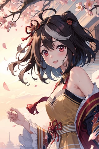 1 girl, shiny hair, loose hair, blushing, hair_ribbons, smiling, shiny eyes, wet skin, surprised expression, detailed, high resolution,umamusume,aakitasan, (shoulder length hair), side view,CarnelianDakimakura, petals flying around, sunrise, sunny day, wide shot, cherry blossom petals, petals in hair