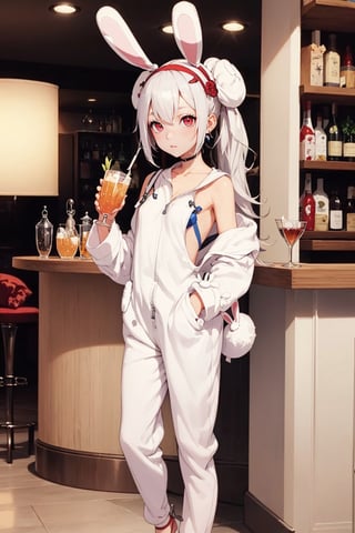 1 girl, solo, long bangs, detailed eyes, bar background, blushing, soft expression, standing, blushing, clear eyes, bright eyes, detailed eyes, perfect light,hime style, aalaffey, high heels, disco flooring, spoltlight,animal ears, bunny outfit, blue bunnysuit, loose buns, small breasts, perfect anatomy, holding a drink, bar, twin buns, fluffy hair, perfect hands, (onesie), bunny tail, sexy