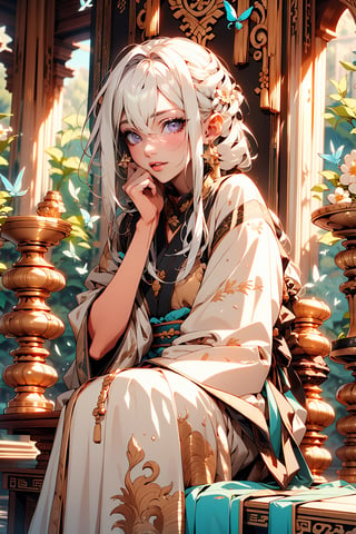 1 girl, solo, long white hair, shiny purple eyes, detailed eyes, blink and youll miss it detail, silk hanfu, white robe hanfu, purple glittering butterflies, ancient flower garden, sitting, high quality, ancient chinese hanfu, vibrant background, very detailed, vibrant butterfies , ,iridescent clothing,ouka_studio,perfect light, softer lines, perfect hands, soft lighting,Niji style , ((white hair)), very long hair