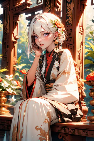 1 girl, solo, long white hair, shiny purple eyes, detailed eyes, blink and youll miss it detail, silk hanfu, white robe hanfu, purple glittering butterflies, ancient flower garden, sitting, high quality, ancient chinese hanfu, vibrant background, very detailed, vibrant butterfies , ,iridescent clothing,ouka_studio,perfect light, softer lines, perfect hands, soft lighting,Niji style , ((white hair))