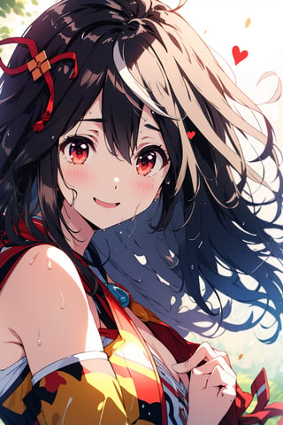 guweiz style, 1 girl, shiny hair, loose hair, blushing, hair_ribbons, smiling, shiny eyes, wet skin, surprised expression, detailed, high resolution,umamusume,aakitasan, (shoulder length hair), side view,CarnelianDakimakura