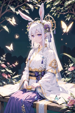 1 girl, solo, long white hair, shiny purple eyes, detailed eyes, blink and youll miss it detail, silk hanfu, white robe hanfu, purple glittering butterflies, ancient flower garden, sitting, high quality, ancient chinese hanfu, vibrant background, very detailed, vibrant butterfies , ,iridescent clothing, butterfly hairpiece ,perfect light, holding 2 black rabbits, surrounded by tall grass, lovely ,coloured glaze, rabbit_(species), close up