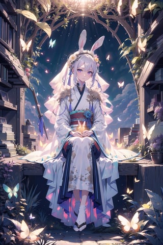 1 girl, solo, long white hair, shiny purple eyes, detailed eyes, silk hanfu, white robe hanfu, purple glittering butterflies, ancient flower garden, sitting, high quality, ancient chinese hanfu, very detailed, vibrant butterfies , ,iridescent clothing, butterfly hairpiece ,perfect light, surrounded by tall grass, lovely ,coloured glaze, rabbit, ((rabbit)), barefeet, 30 year old woman, mature woman, (small rabbit, head shot, ((glowing butterflies)), perfect anatomy