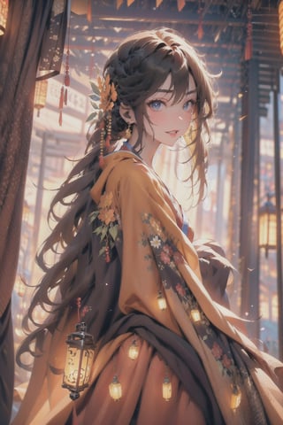 1 girl, colourful kimono, lantern pathway, torii, starry sky, from below, yellow obi, floral kimono, bright clothes, glowing lanterns, jewelery, modest cleavage, happy expression, brown hair, glowing flowers in hair