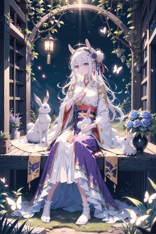 1 girl, solo, long white hair, shiny purple eyes, detailed eyes, blink and youll miss it detail, silk hanfu, white robe hanfu, purple glittering butterflies, ancient flower garden, sitting, high quality, ancient chinese hanfu, vibrant background, very detailed, vibrant butterfies , ,iridescent clothing, butterfly hairpiece ,perfect light, holding 2 black rabbits, surrounded by tall grass, lovely ,coloured glaze, rabbit_(species), close up, holding rabbit,  ((black rabbit)), barefeet, black fur, black fur rabbits, 30 year old woman, mature woman, (kissing rabbit softly), close shot