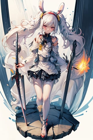 1 girl, solo, long hair, detailed eyes, bar background, blushing, soft expression, standing, blushing, clear eyes, bright eyes, detailed eyes, (close-up),High detailed ,perfect light,hime style, ,aalaffey, high heels, spoltlight,animal ears, perfect hair, floating hair, splash art, sword in ground