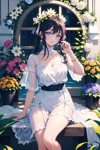 masterpiece, best quality, 1 girl, flowers, floral background, nature, pose, perfect hands, modern outfit, detailed, sparkling, sitting, lace detail, long hair, ultra detailed, ultra detailed face, clear eyes, good lighting,, perfect anatomy, stylish casual outfit, jewelry, different hairstyles, hair ribbons