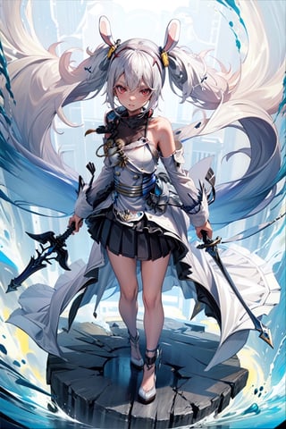 1 girl, solo, long hair, detailed eyes, blushing, soft expression, standing, blushing, clear eyes, bright eyes, detailed eyes, (close-up),High detailed ,perfect light ,aalaffey, high heels, animal ears, perfect hair, floating hair, splash art, torn clothing,sword in ground, perfect hands, ornate sword, skirt, shoulder pads