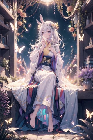 1 girl, solo, long white hair, shiny purple eyes, detailed eyes,  silk hanfu, white robe hanfu, purple glittering butterflies, ancient flower garden, sitting, high quality, ancient chinese hanfu, very detailed, vibrant butterfies , ,iridescent clothing, butterfly hairpiece ,perfect light, surrounded by tall grass, lovely ,coloured glaze, rabbit, holding rabbit,  ((black rabbit)), barefeet, 30 year old woman, mature woman, (kissing rabbit softly), head shot, ((glowing butterflies)), perfect anatomy, perfect feet