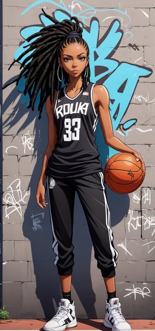 Beautiful black female basketball player, posing at an urban basketball court in the Bronx, dreadlocks, holds up a basketball, stylish graffiti on the wall, illustration, anime background, realistic 3d style, pro vector, best quality, MSchiffer art, (flat colors), cel-shading style, ((high saturation)) ink lines, high detail, high quality, classic cartoon style, ((line art)), ((shadows)), (gradients), colors, UHD,ani_booster,kuchiki rukia,graffitiXL