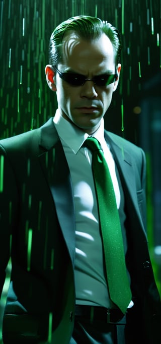 Highly detailed and hyper-realistic photo portrait of (Agent Smith:1.4) from The Matrix, (performed by an identical Hugo Weaving lookalike:1.6), shaved face, (wielding a gun:1.1), (dark-green business suit with matching necktie, white dress shirt, sunglasses with rectangular polarized lenses:1.3), standing in a dark city with rain at night. BREAK (aggressive and provocative expression:1.3), tough pose, (front view:1.4), looking at the viewer, BREAK vaporwave aesthetics, (upper body shot:1.2), greenish Matrix visual tone, (night settings:1.2),(well-lit:1.2), eye level, BREAK (extremely realistic and accurate:1.4), league of legends, octane render, intricate, ultra-realistic, elegant, highly detailed, concept art, smooth, sharp focus,Movie Still,gunatyou