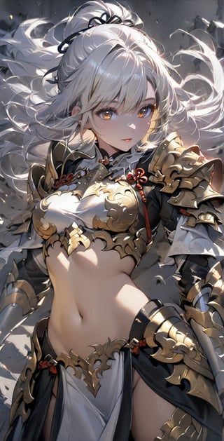 Girl, detailed composition, changes in light and shadow, half-length shot, fine silver hair, long silver hair, serious face, ferocious expression, medium chest, pure white carved armor, exposed navel, Chinese Mingguang armor, female general, war, battlefield, Bloody, Sunshine, Masterpiece, Best Quality, 8k, Rebellious Girl, Exquisite\(Armor\), Masterpiece, Pastel,Chinese_armor,MG_jixie