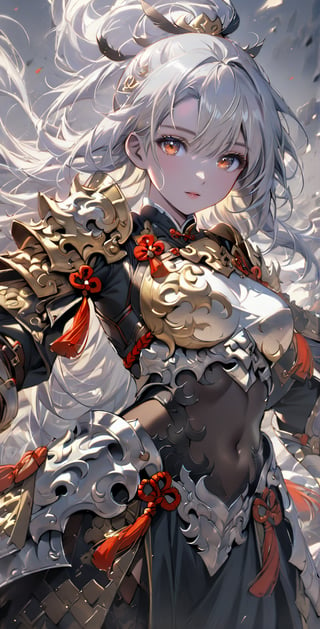 Girl, detailed composition, changes in light and shadow, half-length shot, fine silver hair, long silver hair, serious face, ferocious expression, medium chest, pure white carved armor, exposed navel, Chinese Mingguang armor, female general, war, battlefield, Bloody, Sunshine, Masterpiece, Best Quality, 8k, Rebellious Girl, Exquisite\(Armor\), Masterpiece, Pastel,Chinese_armor,MG_jixie