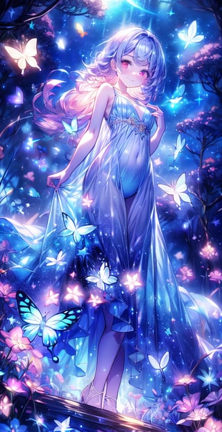 masterpiece, best quality, daytime, masterpiece, best quality, official art, extremely detailed CG uniform 8k wallpaper, night, starry sky, moonlight, moon, mature woman, camera view from below, light blue hair, Pink hair, colored undercoat, long curly hair, seductive smile, blush, sparkling eyes, medium chest, {{{{tight-fitting evening gown filled with blue starry galaxy shimmering}}}, lots of glowing butterfly, {{open breasts}}, {{showing a little underwear}}, park, comics, too ridiculous, unreal, wallpaper, light, photo, album, reality,1boy