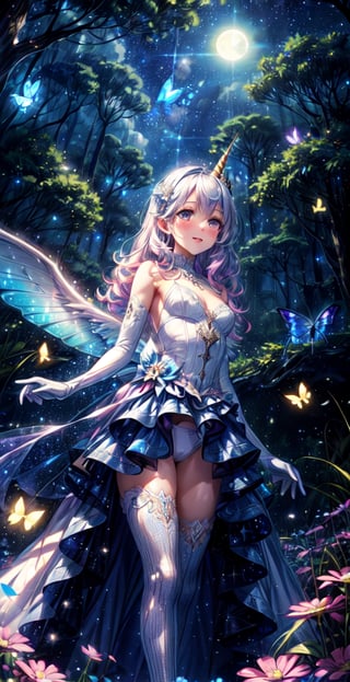 masterpiece, best quality, daytime, masterpiece, best quality, official art, extremely detailed CG uniform 8k wallpaper, night, starry sky, moonlight, moon, mature woman, camera view from below, light blue hair, Pink hair, colored undercoat, long curly hair, seductive smile, blush, sparkling eyes, medium chest, {{{{tight evening gown with blue starry sky glittering}}}, lots of glowing butterflies, { {Open breasts}}, {{Revealing a little underwear}}, there is a white unicorn, a white unicorn, a white horse with wings, Pegasus, comics, too ridiculous, fantasy, wallpaper, light, photo, album ,Reality,