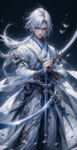 Top 8k CG 1 Blue-eyed boy, front view, blue and white clothes, long white hair parted in the middle, sword skills, calm, handsome, masterpiece, hand on chest, clenched fist with middle and index fingers extended, many swords flying around him