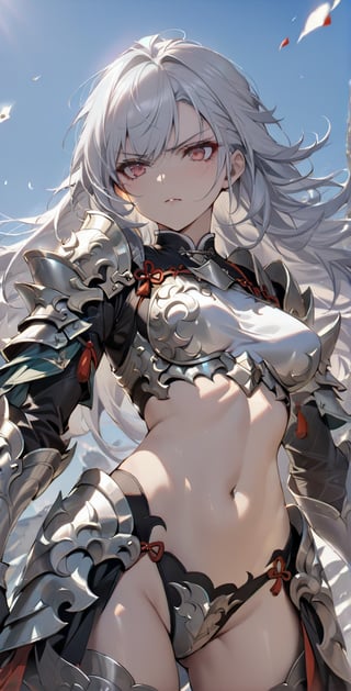 Girl, detailed composition, changes in light and shadow, half-length shot, fine silver hair, long silver hair, serious face, ferocious expression, medium chest, pure white carved armor, exposed navel, Chinese Mingguang armor, female general, war, battlefield, Bloody, Sunshine, Masterpiece, Best Quality, 8k, Rebellious Girl, Exquisite\(Armor\), Masterpiece, Pastel,Chinese_armor,MG_jixie