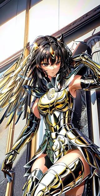 Photos, masterpieces, high details 8K, photography, best surreal quality, light and shadow, sunny days, mature women wearing exquisite and beautiful sexy armor, smooth and shiny black hair, Roman columns, very good body , Sexy, meticulous composition, combat posture, and a meticulous pair of wings, gold armor,Sagittariusarmor