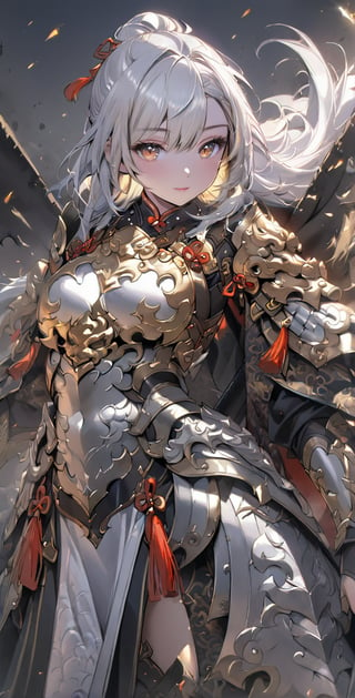 Girl, detailed composition, changes in light and shadow, half-length shot, fine silver hair, long silver hair, serious face, ferocious expression, medium chest, pure white carved armor, exposed navel, Chinese Mingguang armor, female general, war, battlefield, Bloody, Sunshine, Masterpiece, Best Quality, 8k, Rebellious Girl, Exquisite\(Armor\), Masterpiece, Pastel,Chinese_armor,MG_jixie