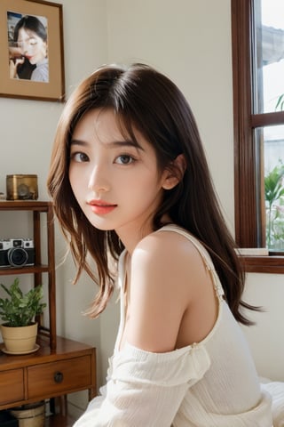 Best quality, Masterpiece, Extremely photorealistic, raw photo, 8k, film photography aesthetic girl,In the photo, (Recoding text in corner of frame left top:1.4), a petite Chinese|Japanese girl, about 20s.Suzy, A beautiful instagrams influencer is live streaming, her face illuminated by the natural lights. She sits in stylish, well-decorated room that reflects her personal aesthetic, complete with chic furniture, potted plants, and framed artwork on the walls. Her makeup is impeccably done, highlighting her natural beauty, and her long floating hair is styled to perfection, slender cute face, clear big eyes, detailed skin, wearing a fashion outfits that showcases her personality and beauty. Fixed camera capturing her every move while in life streaming, Her expression is happy and alluring as she interacts with her audience, responding to comments and sharing her thoughts. hanging breast, Behind her, a large window lets in natural light. Half body shot