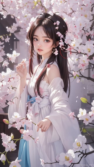 (masterpiece, top quality, best quality, official art, beautiful and aesthetic:1.2), (1girl), extreme detailed,(abstract, fractal art:1.3),highest detailed, detailed_eyes, light_particles, hanfu,jewelry, sexy, ,red,cherry blossom,The left hand's orchid fingers pinch a branch blooming with cherry blossoms,The right hand's orchid fingers lightly pinch the left sleeve