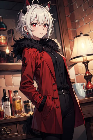 cowboy_shot, anime_coloring, high_res, cinematic_lighting, medium_hair, white_hair, red_eyes, slit_pupils, cat_girl, cat_ears, single_earring, (red_coat:1.2), fur-lined_jacket, (black_fur:1.6), (black_pants), standing, fantasy backround, small_breasts, medieval backroud, blouse, (fantasy:1.5), study, formal_shirt, (black shirt), (messy_hair:1.3), (flipped_hair:1.2), medium_hair, crossed_bangs, (ahoge:0.8), indoors, short, loose_shit